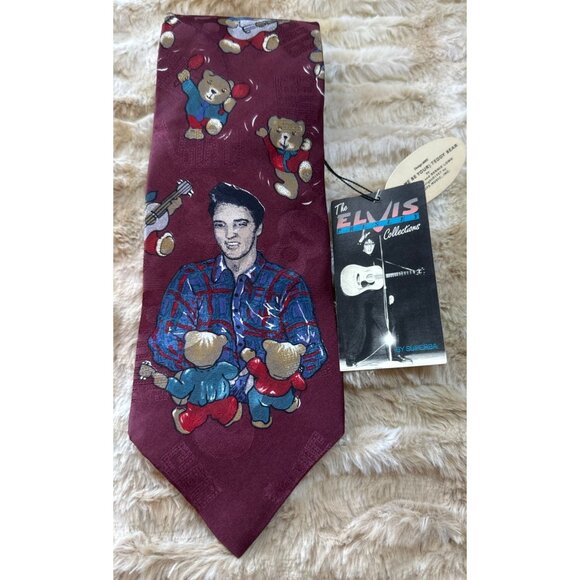 Vintage (1990) Elvis Presley Collection Teddy Bear‎ Tie Burgundy, NWT, 100% Silk - Picture 4 of 4